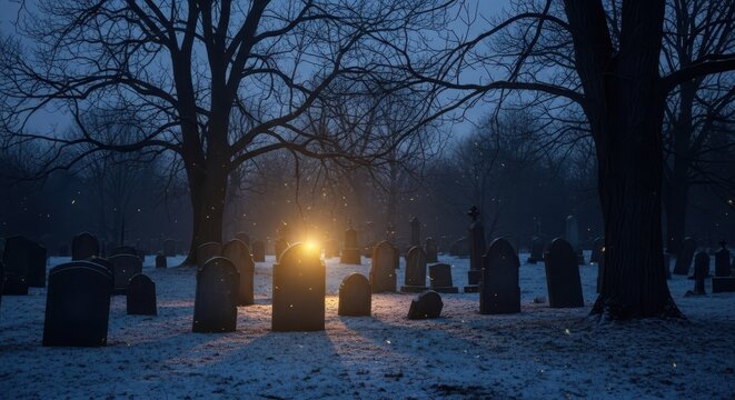 A spooky graveyard at dusk with snow on the ground and a single light