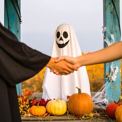 Two Figures Shaking Hands in Front of a Halloween Display