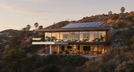 Modern Eco-Friendly Residence with Solar Panels and Panoramic Views at Sunset