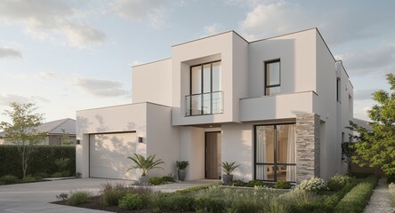 Modern Home Exterior with Landscaping in a Peaceful Setting