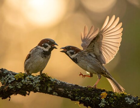 Two sparrows perched on a branch with wings spread