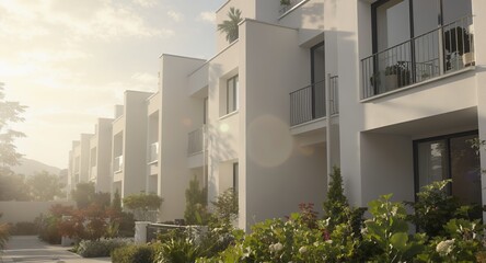 Modern Residential Architecture and Landscaping with Morning Sunlight