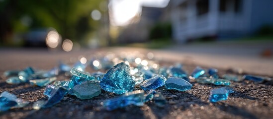 Scattered shards of light-blue glass glitter on asphalt, blurred suburban background at sunset