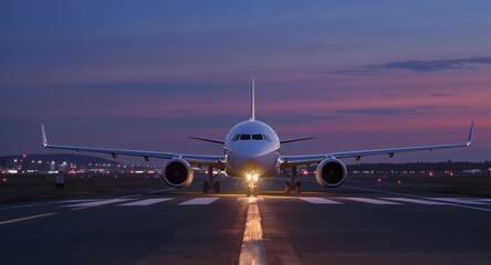 Plane on runway at dusk, lit up