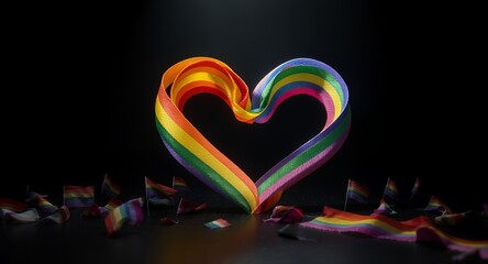 Pride Ribbon Heart and Flags on Black Background