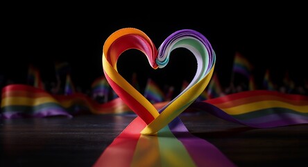 Rainbow ribbon heart on dark wood table with rainbow flags in background