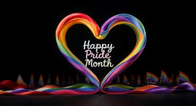 Rainbow heart made of ribbons with Happy Pride Month on a black background