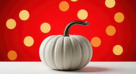White pumpkin with bokeh lights on a red background