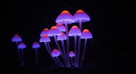 Cluster of bioluminescent mushrooms glowing purple and orange in the dark