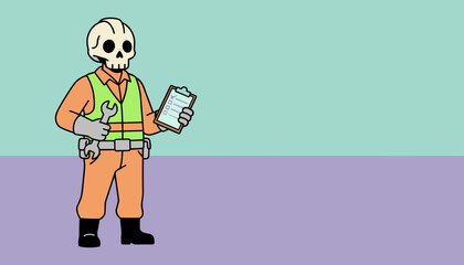Stylized skull worker in safety vest holds wrench and checklist Safety maintenance or inspection concept