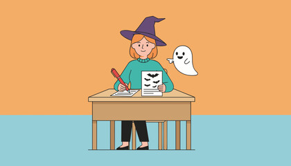 Happy witch writing Halloween design ideas at desk with friendly ghost helper