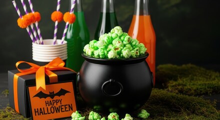 Happy halloween cauldron with green popcorn and gift box on a dark background