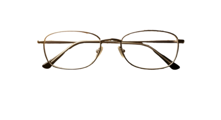 Close-up shot of a pair of gold-rimmed eyeglasses, showcasing the delicate design and details.
