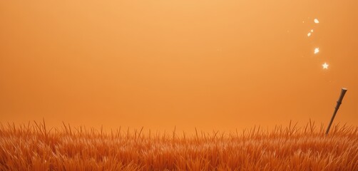 Fototapeta premium A solitary bamboo flute stands in orange grass with glowing stars above