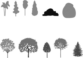 A set of black and grey textured silhouette illustrations of various trees and abstract natural forms, providing a shaded effect.