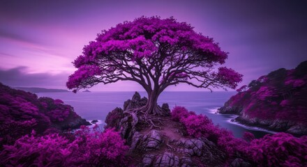Surreal purple tree on a rocky island overlooking the ocean at dusk