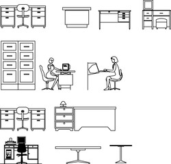 Line-drawn office furniture & workspace layouts — includes desks, chairs, filing cabinets, and human figures for interior planning, ergonomic design, or architectural visualization.