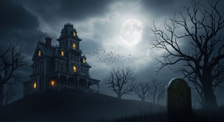 Spooky haunted mansion on a hill under a full moon with bare trees and a graveyard