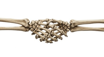 Two skeleton hands shaking in a handshake, isolated on white background