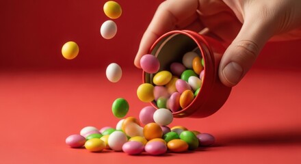 Colorful candies spilling from a tin onto a red surface