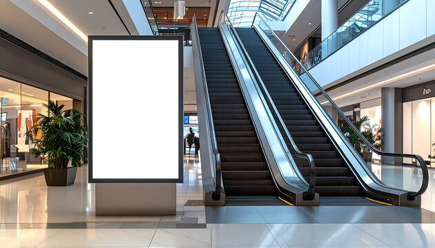 Empty white advertising sign next to an escalator in a modern, bright shopping mall interior.