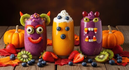 Three halloween monster smoothies with pumpkins and fruit