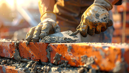 A professional construction worker laying bricks, meticulously applying cement with a trowel. Essential imagery for the building and renovation industries.