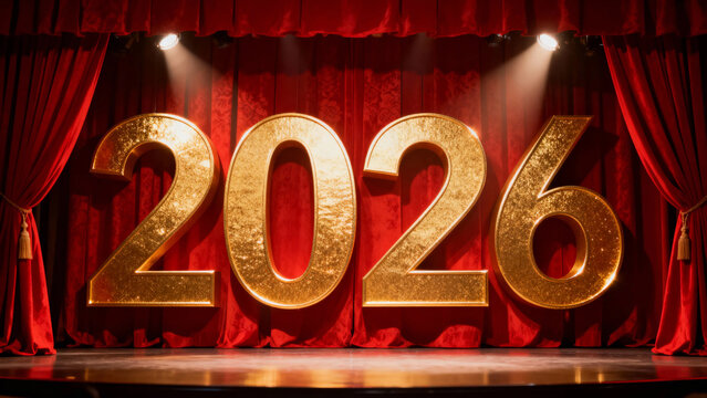 Golden 2026 numerals displayed on a stage with red curtains and spotlights