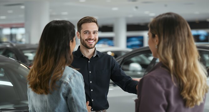 A man smiling and gesturing while talking to two people in a showroom