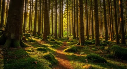 Sunlight filters through tall trees in a lush green forest with a winding path