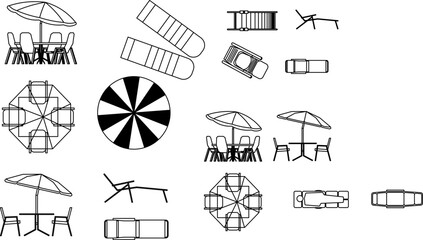Top-down outdoor furniture icons — includes patio tables, umbrellas, lounge chairs, and poolside layouts for landscape, café, or resort design planning.