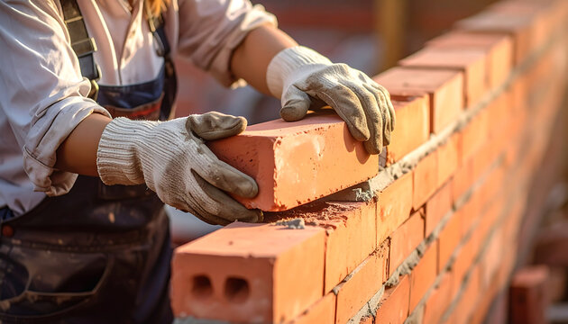 Worker&rsquo;s gloved hands placing bricks to build a wall on a construction site.