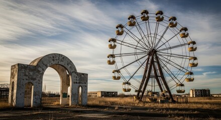 Abandoned ferris wheel and archway in a desolate landscape under a cloudy sky