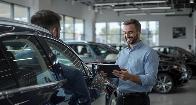 A smiling professional with a tablet assists a client with a vehicle inquiry, showcasing a modern dealership experience