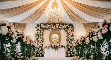 Elegant wedding reception decor with floral arrangements and a chandelier