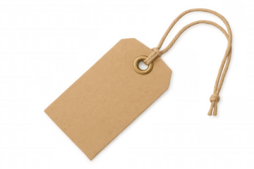 Blank brown kraft paper tag with rope string, ready for text, isolated on transparent background