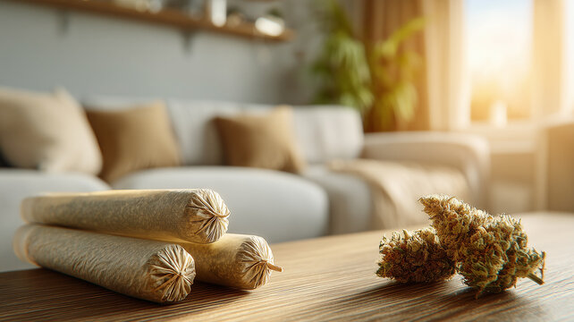 Prerolls and a cannabis bud on a coffee table in a cozy home, expressing personal use lifestyle relaxation and responsible consumption.
