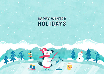 馬のワカサギ釣りの背景イラスト 冬の雪景色の自然風景（水彩風）