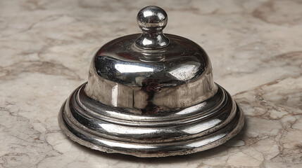 Modern reception bell in shiny new metal, simple and elegant, symbolizing hospitality, service, and professional environments in hotels or front desks.