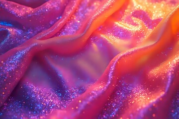 Processed collage of Iridescent fabric trendy cloth holographic texture. Background for banner, backdrop or texture in purple, red and gold cinematic style with copy space