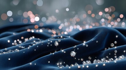 Diamonds sparkling on blue velvet fabric with bokeh