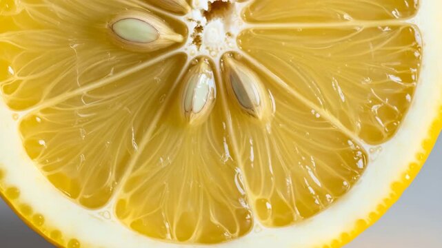 Fresh Lemon Half Showing Juicy Interior, Vibrant Yellow Flesh and Seeds Visible Inside for Culinary Uses, Food Blogs, Healthy Recipes, Nutrition Websites, Beverage Content, and Cooking Articles  