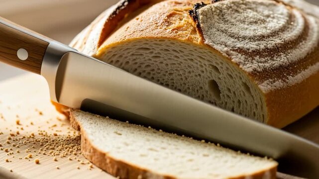 Freshly Baked Bread Sliced with Sharp Knife on Wooden Cutting Board Emphasizing Comforting Home Cooking and Kitchen Activities for Food Blogs, Cooking Websites, Recipe Articles, and Culinary Content  