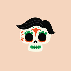 Vibrant sugar skull illustration showcasing detailed floral patterns and a distinct haircut, representing festive Mexican folk art traditions, perfect for celebration-themed designs