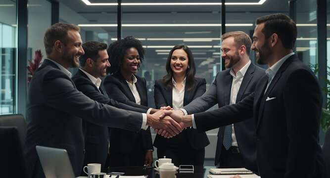 Diverse professional team shaking hands in agreement, celebrating success in a modern office setting