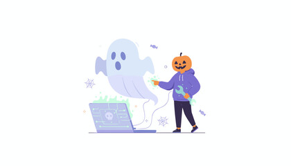 Halloween cyber security expert fixes a laptop with a ghost issue Spooky tech support concept