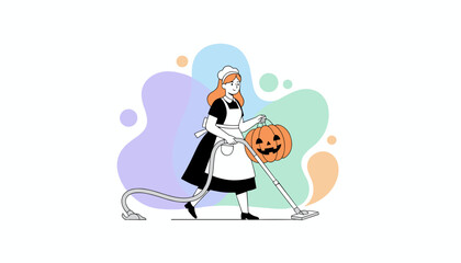 Cheerful maid with vacuum and festive Halloween pumpkin Seasonal home cleaning concept