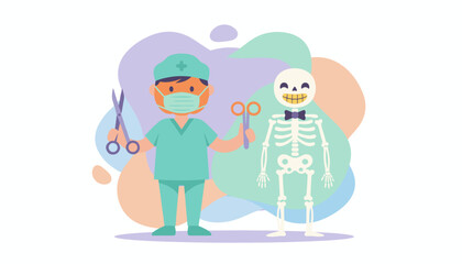 Friendly doctor and smiling skeleton illustrate medical concepts and healthcare profession