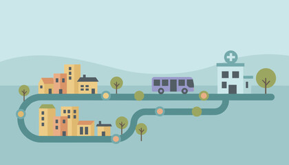 Bus route connects city to hospital symbolizing accessible healthcare and urban transport