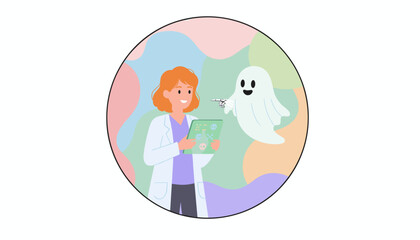 Smiling scientist and ghost with robotic arm examine data on a tablet blending science and fantasy